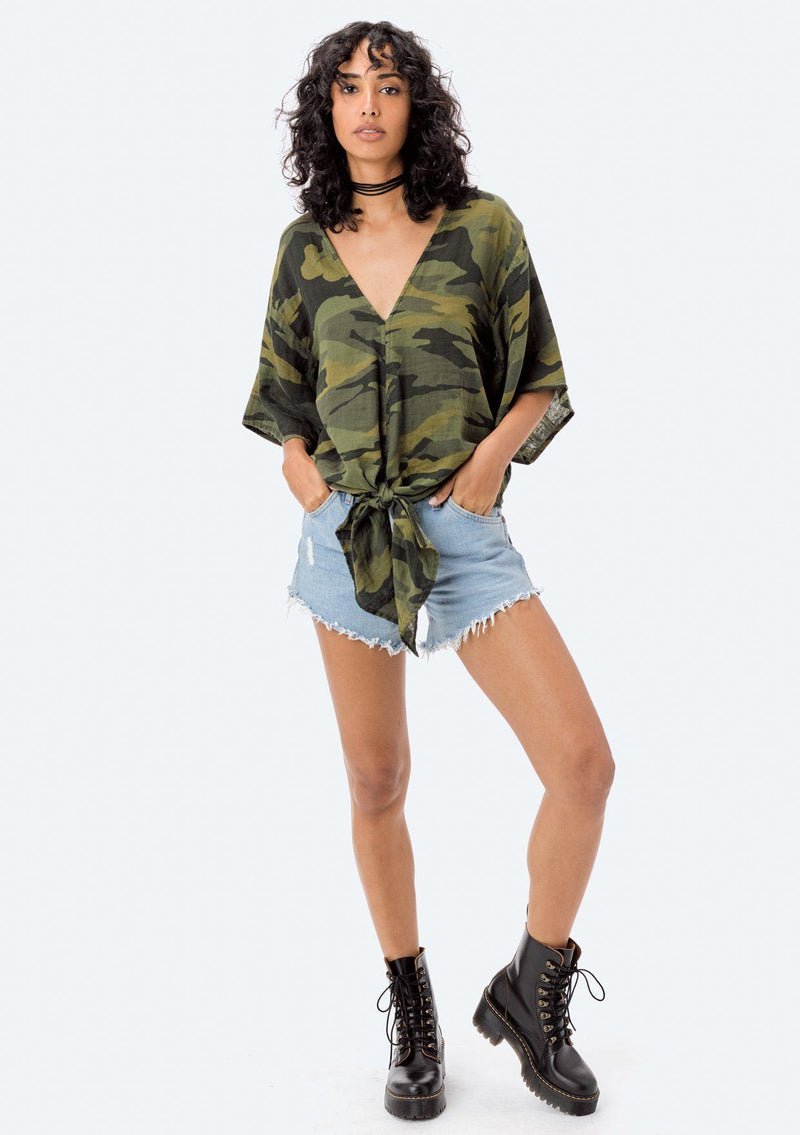 [Color: Camo] Lovestitch lightweight cotton, camo printed top with tie detail at waist.