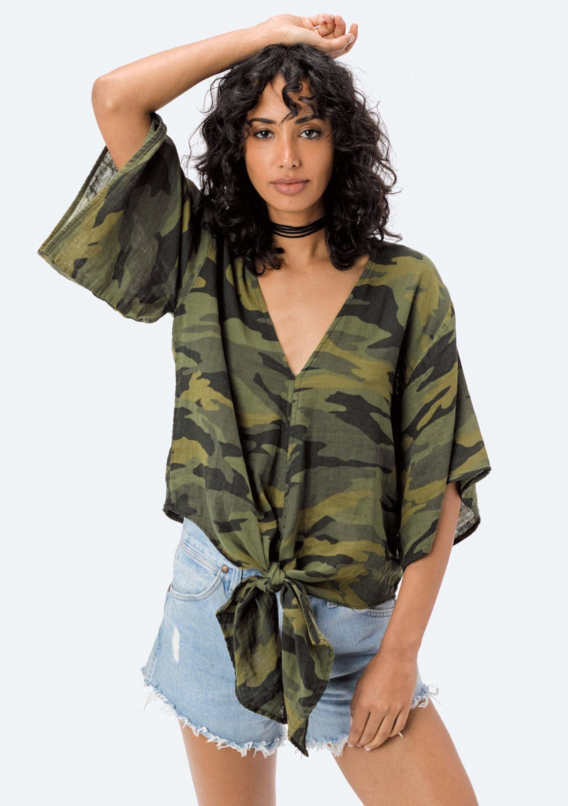 [Color: Camo] Lovestitch lightweight cotton, camo printed top with tie detail at waist.