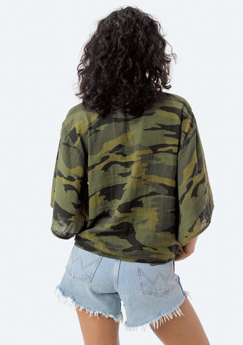 [Color: Camo] Lovestitch lightweight cotton, camo printed top with tie detail at waist.