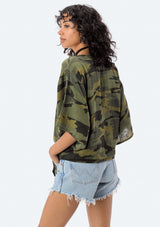 [Color: Camo] Lovestitch lightweight cotton, camo printed top with tie detail at waist.