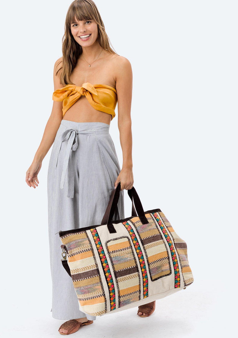 [Color: Brown/Multi] Lovestitch oversized, embroidered patchwork applique travel bag. 