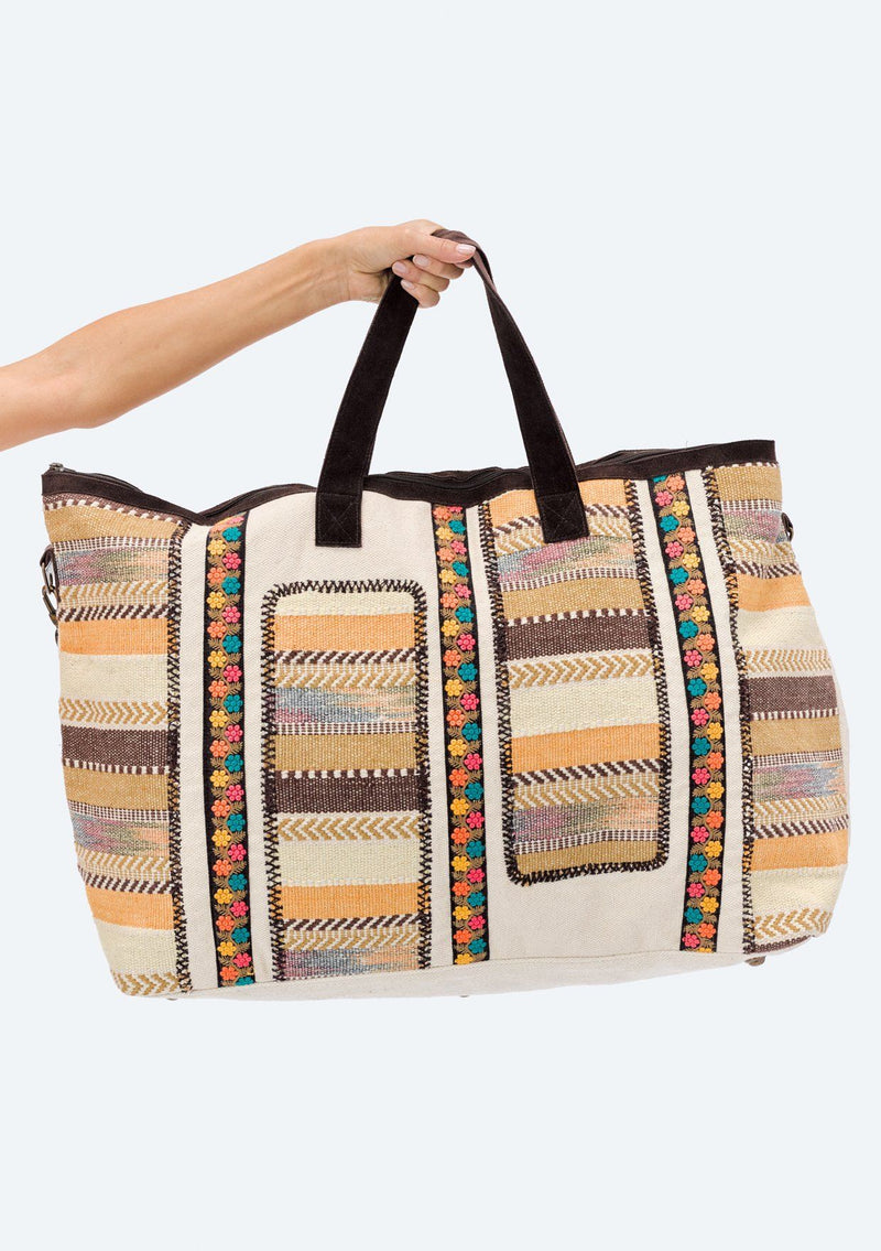 [Color: Brown/Multi] Lovestitch oversized, embroidered patchwork applique travel bag. 