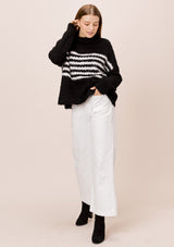 [Color: Black/Cream] Lovestitch, black/cream striped, mockneck, fuzzy popcorn sweater in cream/blush