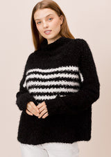 [Color: Black/Cream] Lovestitch, black/cream striped, mockneck, fuzzy popcorn sweater in cream/blush