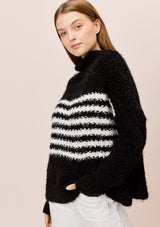 [Color: Black/Cream] Lovestitch, black/cream striped, mockneck, fuzzy popcorn sweater in cream/blush