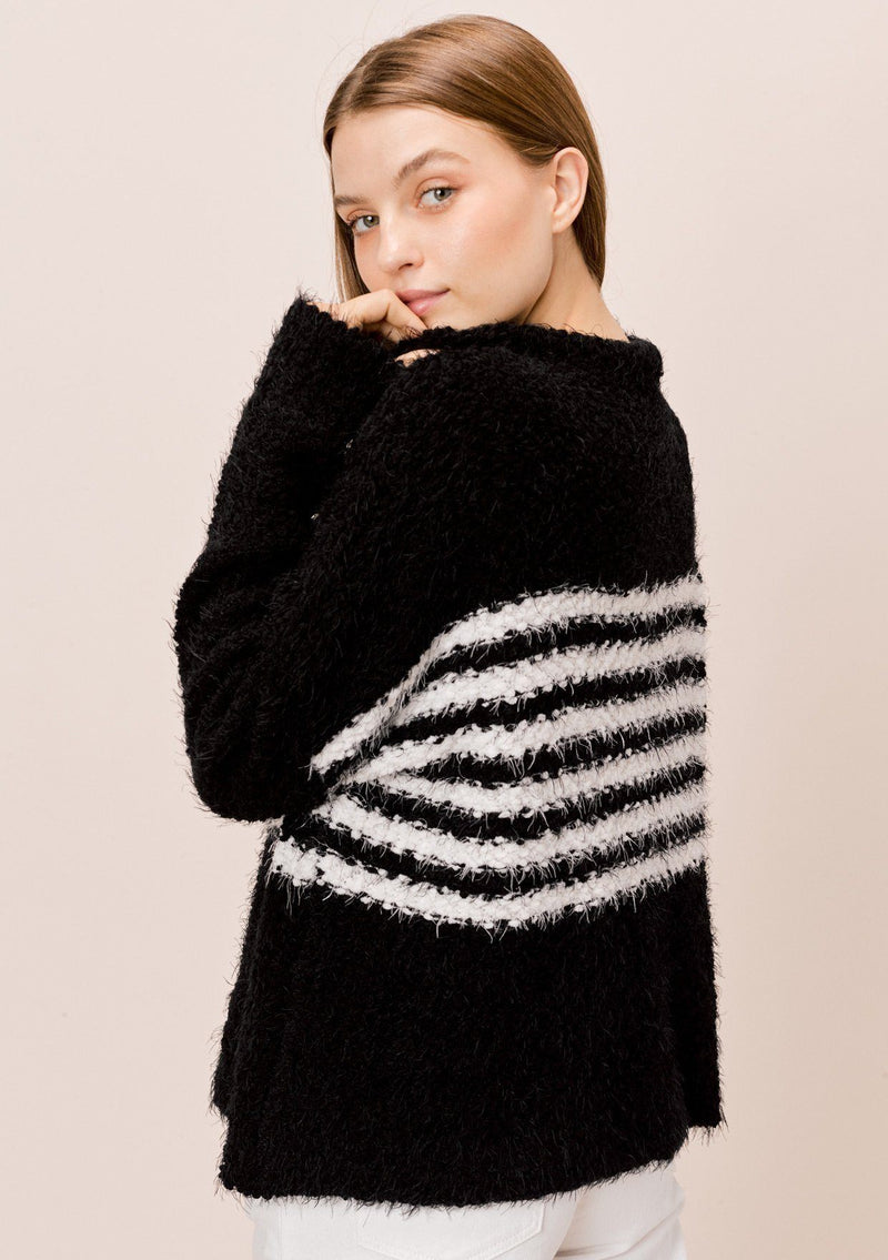 [Color: Black/Cream] Lovestitch, black/cream striped, mockneck, fuzzy popcorn sweater in cream/blush