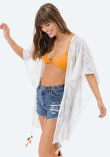 [Color: Off White] Lovestitch lightweight, cotton lace swim cover up kimono can be worn open or tied at the waist.