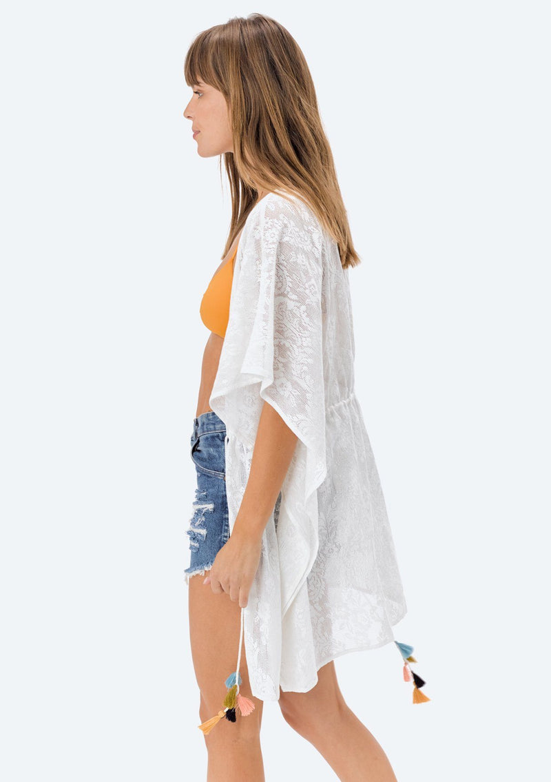 [Color: Off White] Lovestitch lightweight, cotton lace swim cover up kimono can be worn open or tied at the waist.