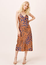 [Color: Tobacco] Lovestitch silky teal watercolor leopard print bias cut midi dress