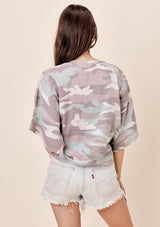 [Color: Grey/Taupe] Lovestitch lightweight cotton, camo printed top with tie detail at waist.