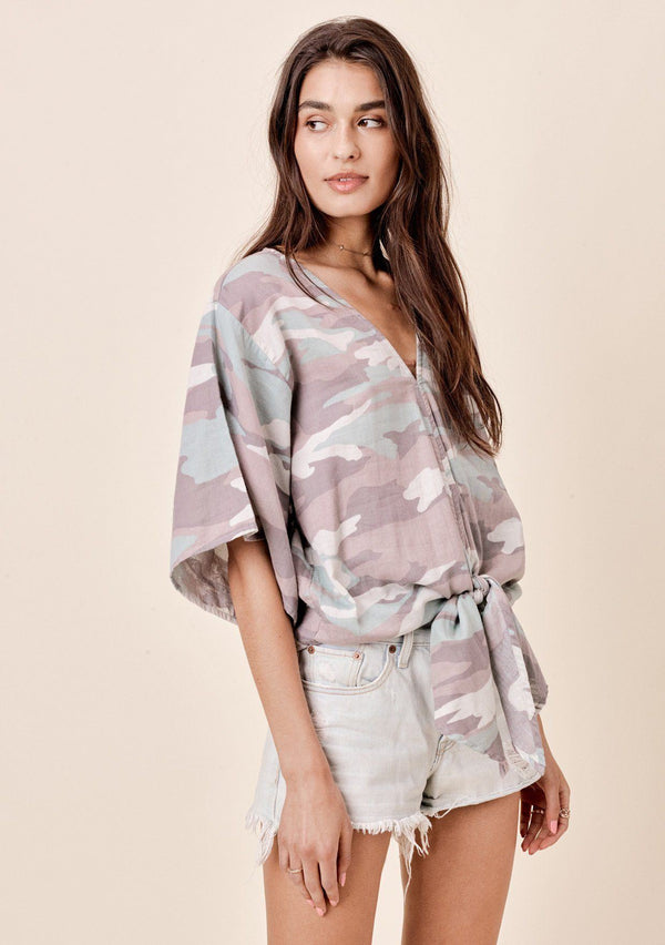 [Color: Grey/Taupe] Lovestitch lightweight cotton, camo printed top with tie detail at waist.