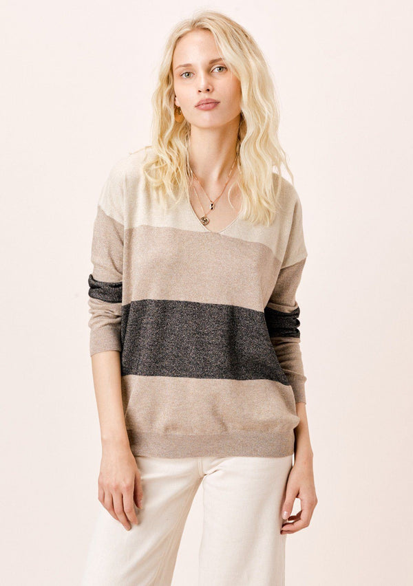 [Color: Taupe/Khaki/Black] A chic and lightweight sweater in neutral tones. Featuring a flattering v neckline, a classic color block stripe, and subtle metallic details throughout. 