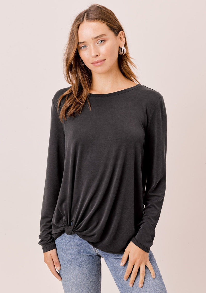 [Color: Black] Lovestitch, long sleeve, super soft, modal blend top with side knot detail. 