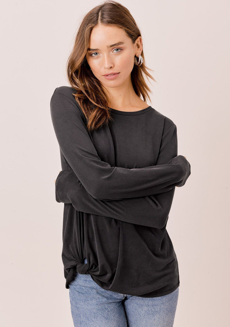 [Color: Black] Lovestitch, long sleeve, super soft, modal blend top with side knot detail. 