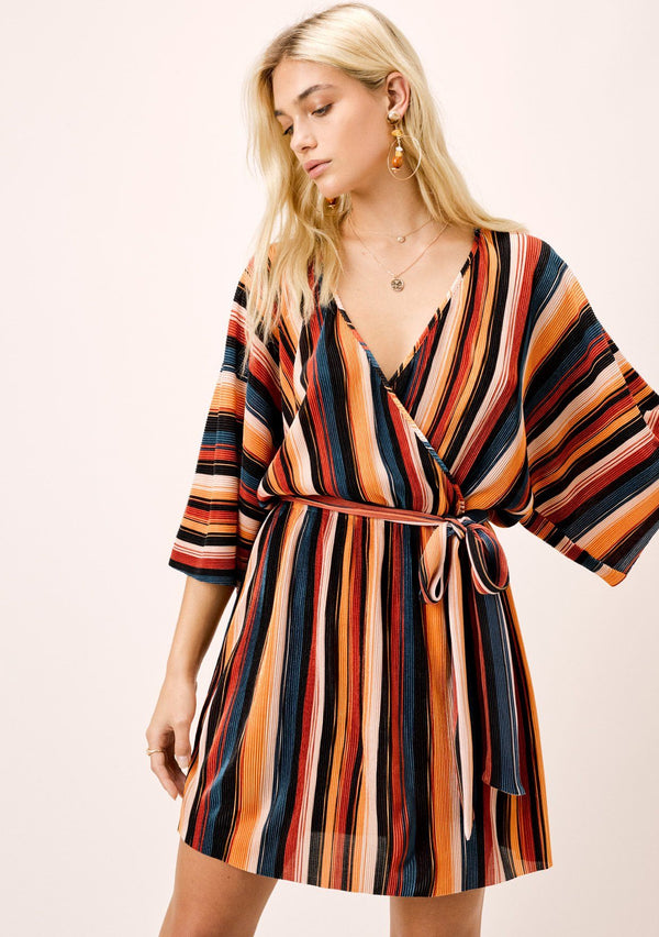 [Color: Black/Spice/Teal] Lovestitch Multi Color Striped Pleated Retro style kimono sleeve mini dress