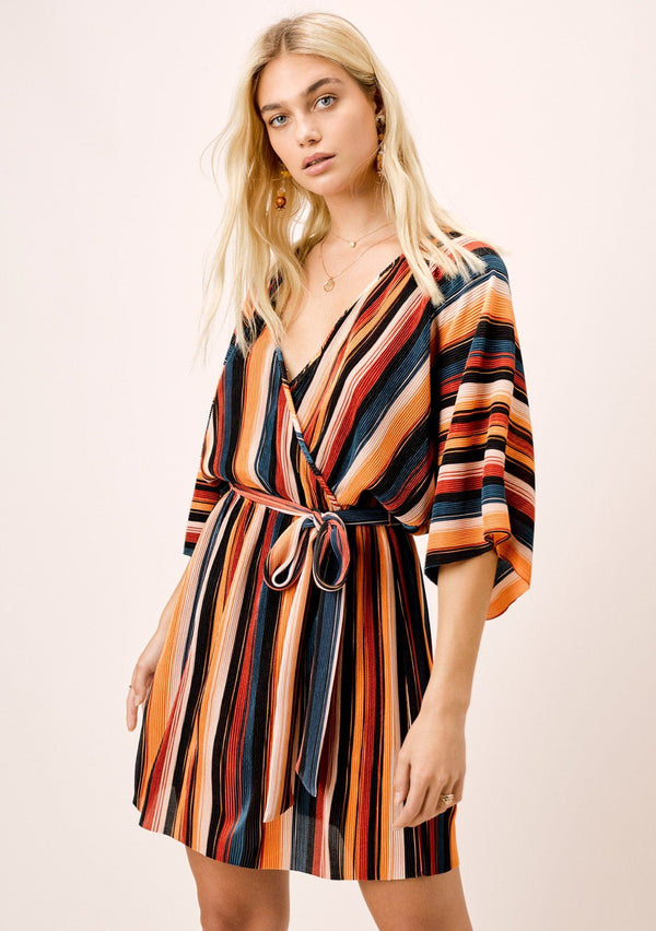 [Color: Black/Spice/Teal] Lovestitch Multi Color Striped Pleated Retro style kimono sleeve mini dress