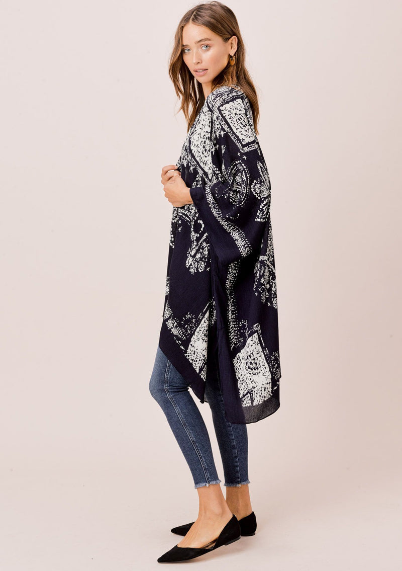 [Color: Navy/White] Lovestitch bohemian chic kimono in dark blue with white boho chic mosaic pattern