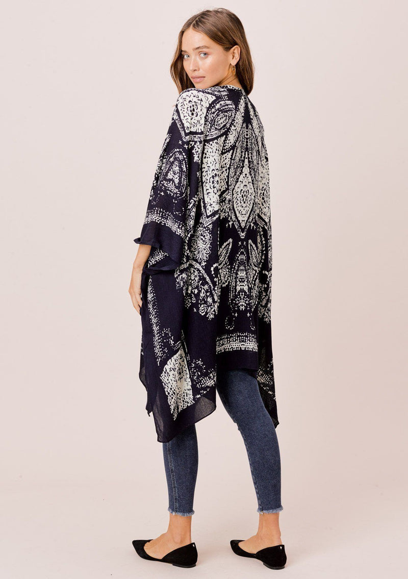 [Color: Navy/White] Lovestitch Navy/White Patterned Printed Kimono with Side Slits