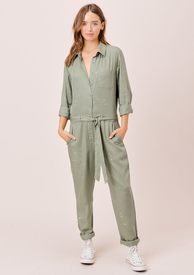 [Color: Olive] Lovestitch olive long sleeve, tencel, belted utility jumpsuit with paint splatter.