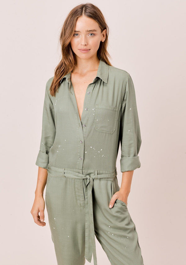 [Color: Olive] Lovestitch olive long sleeve, tencel, belted utility jumpsuit with paint splatter.