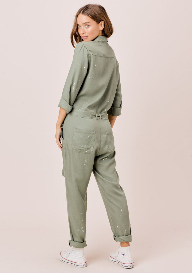 [Color: Olive] Lovestitch olive long sleeve, tencel, belted utility jumpsuit with paint splatter.