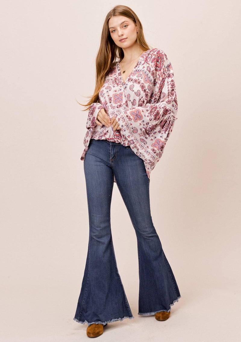 [Color: Oatmeal/Rose] Lovestitch Paisley printed, surplice top with ruffled neckline and dramatic bell sleeves. 