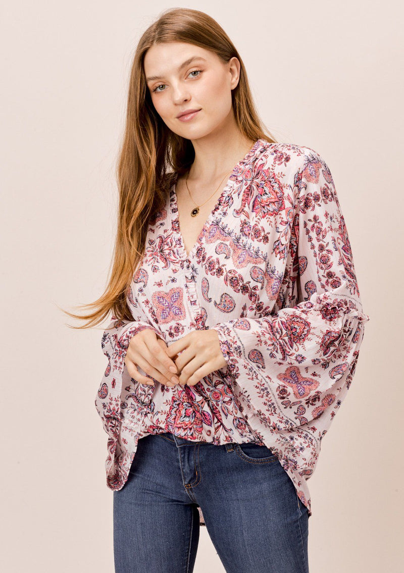 [Color: Oatmeal/Rose] Lovestitch Paisley printed, surplice top with ruffled neckline and dramatic bell sleeves. 