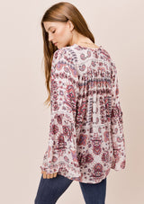 [Color: Oatmeal/Rose] Lovestitch Paisley printed, surplice top with ruffled neckline and dramatic bell sleeves. 