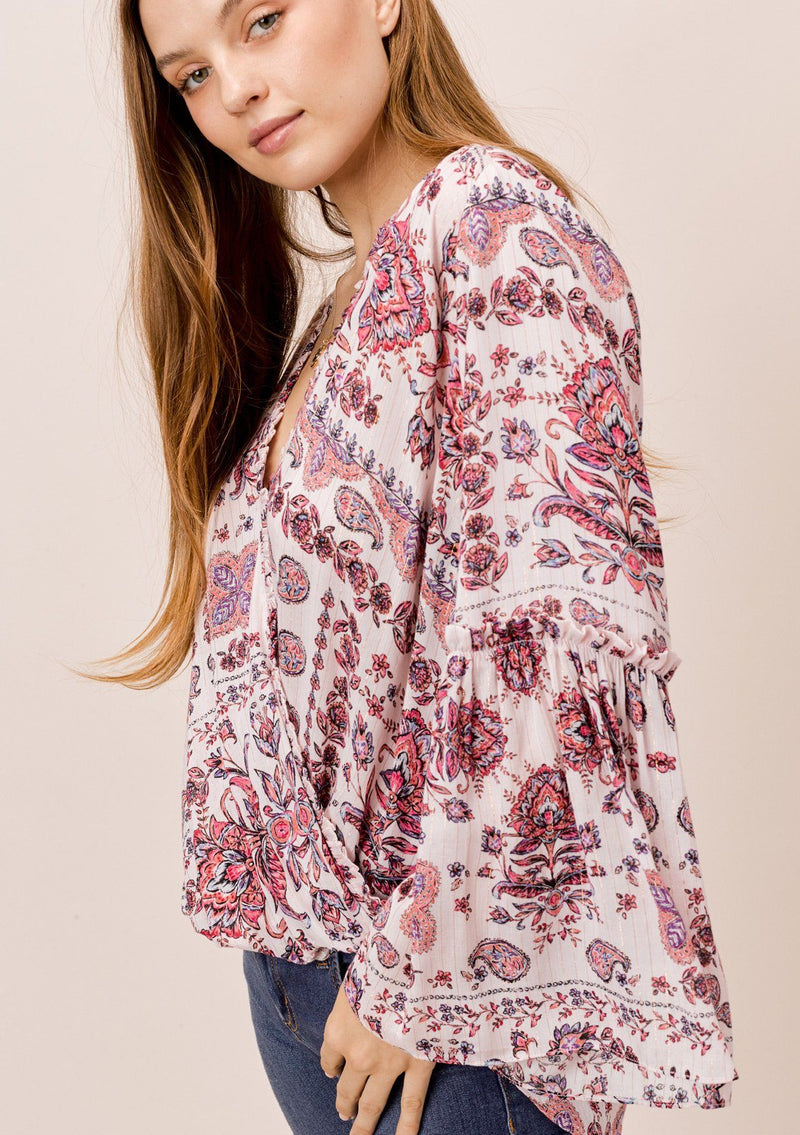 [Color: Oatmeal/Rose] Lovestitch Paisley printed, surplice top with ruffled neckline and dramatic bell sleeves. 