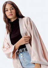 [Color: Blush] A beautiful luxe satin kimono with a glittery lurex trim and cuff.