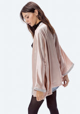 [Color: Blush] A beautiful luxe satin kimono with a glittery lurex trim and cuff.