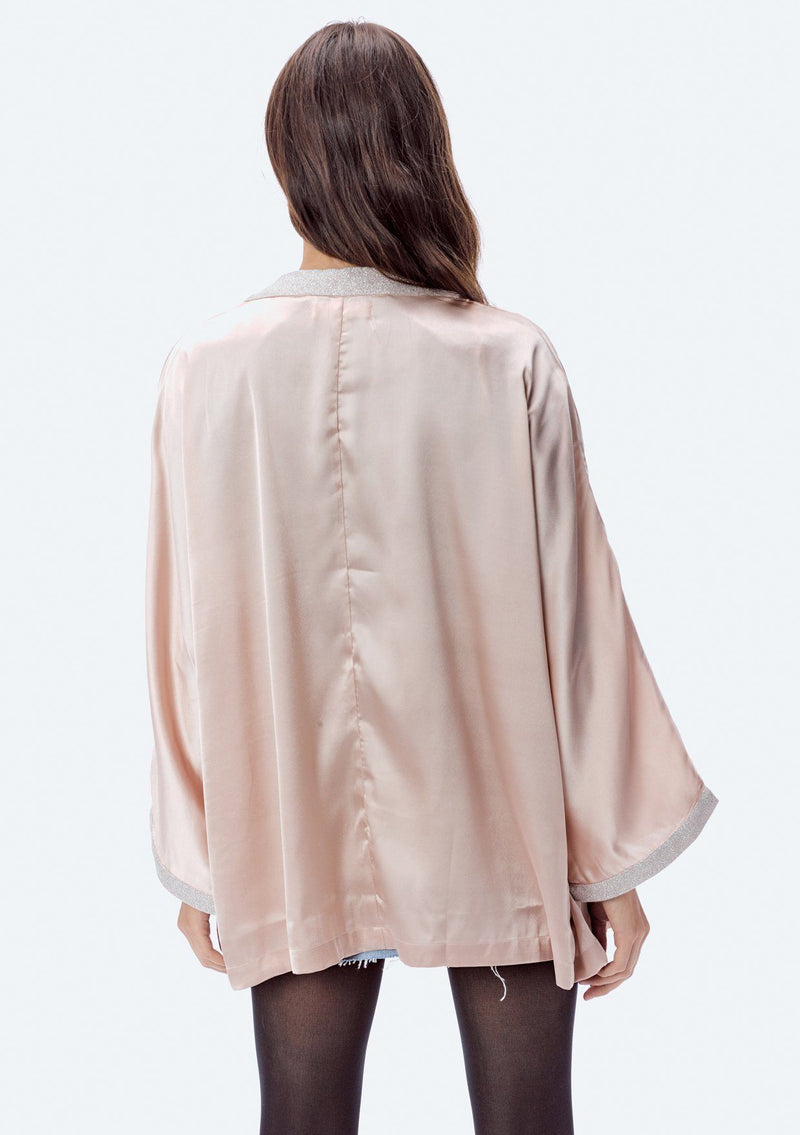 [Color: Blush] A beautiful luxe satin kimono with a glittery lurex trim and cuff.