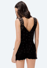 [Color: Black/Ivory] Lovestitch black & white polka dot, vintage inspired cami with lace straps and neckline.