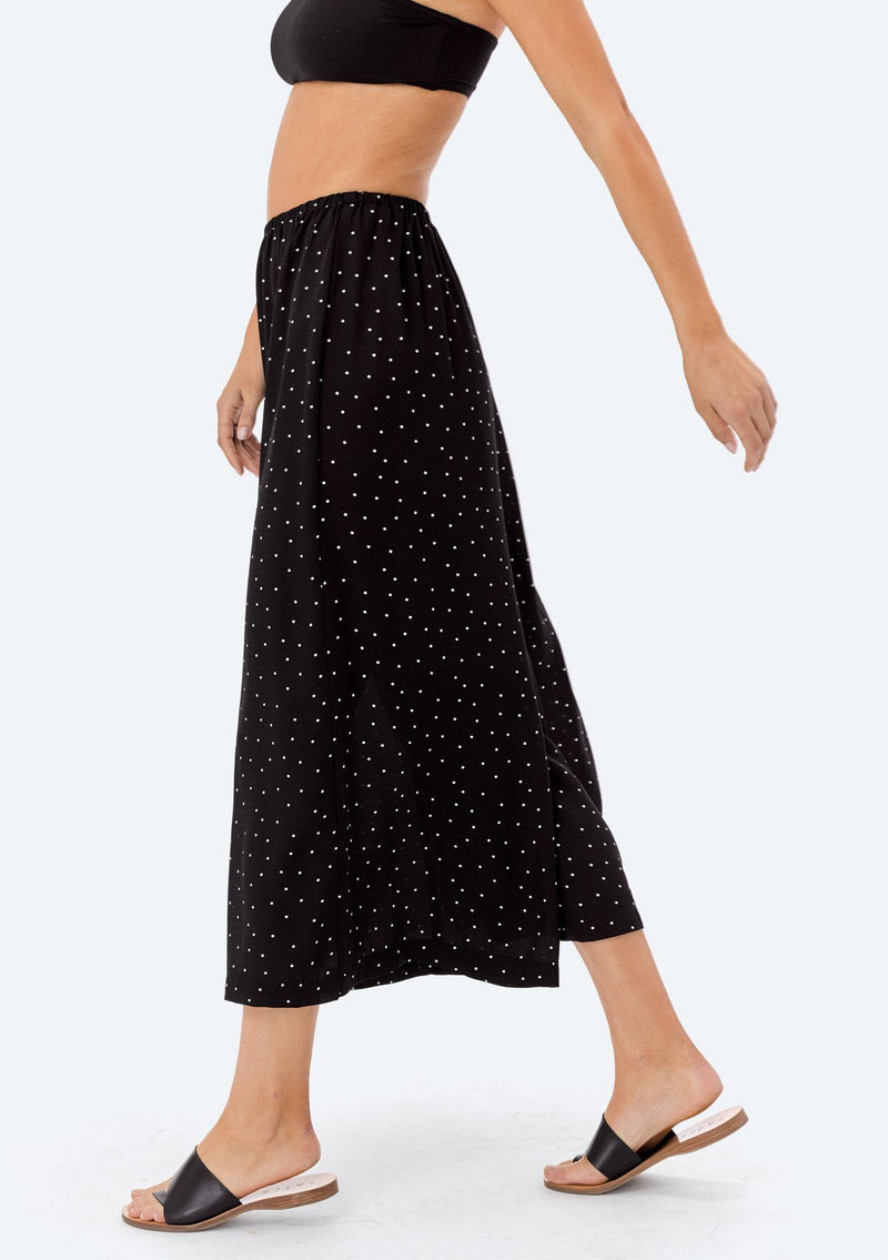 [Color: Mustard/Black] A super lightweight and flattering polka dot print culottes pant. An easy pull on style that features an elastic waist and cropped wide leg.