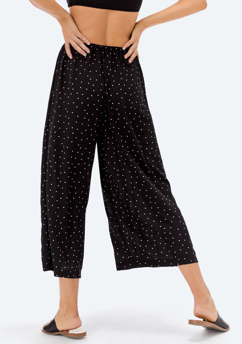 [Color: Mustard/Black] A super lightweight and flattering polka dot print culottes pant. An easy pull on style that features an elastic waist and cropped wide leg.