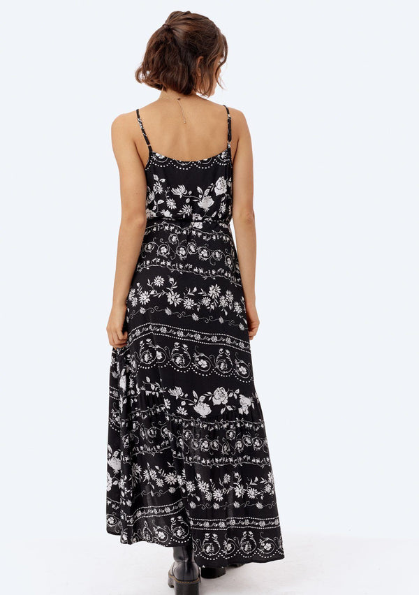 [Color: Black] Lovestitch black, floral printed, maxi wrap dress.