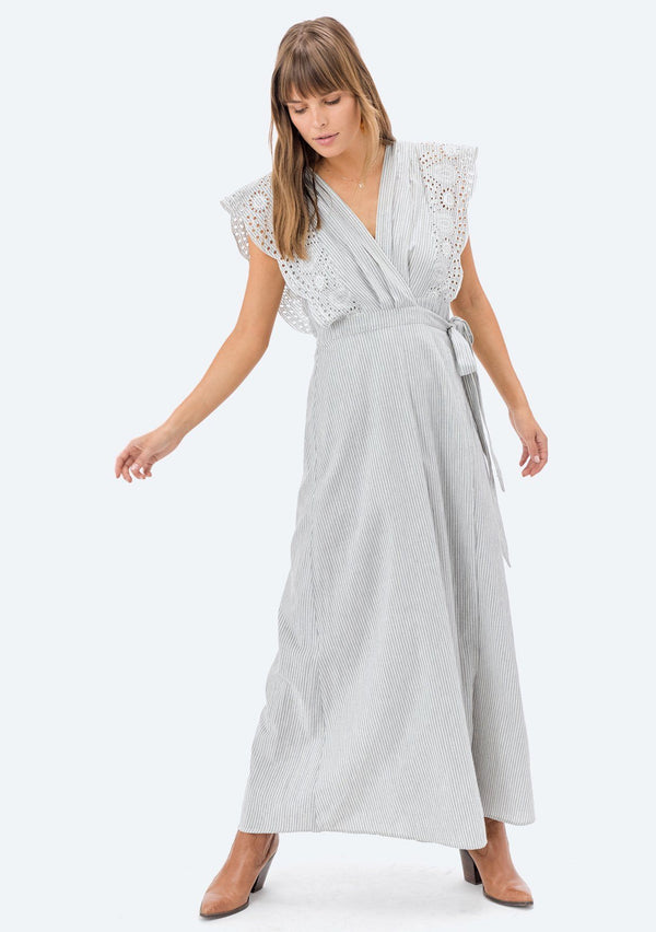 [Color: Cream/Blue] Lovestitch cream & blue, sleeveless, pinstriped maxi wrap dress with embroidered eyelet top.