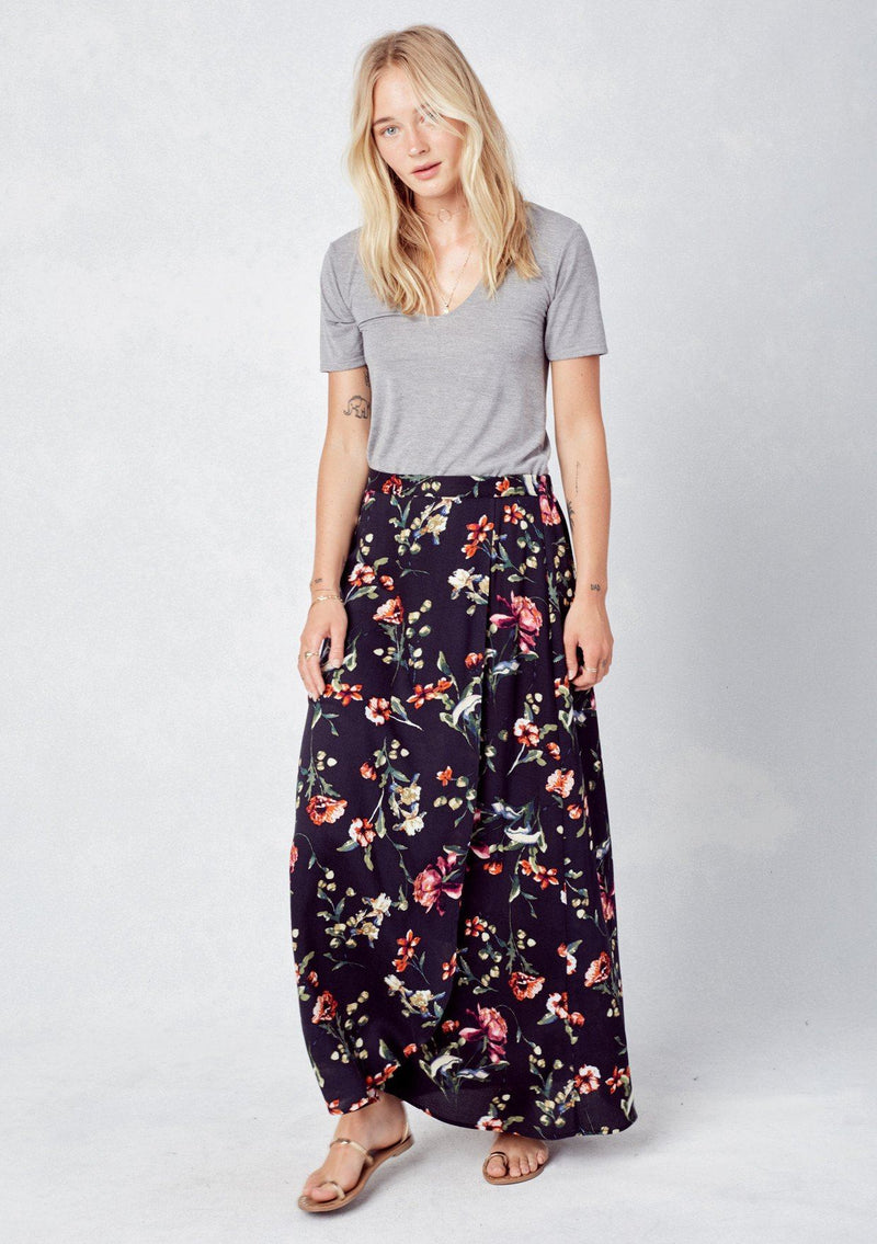 [Color: Midnight Multi] Lovestitch floral printed, retro wrap maxi skirt with side tie detail.