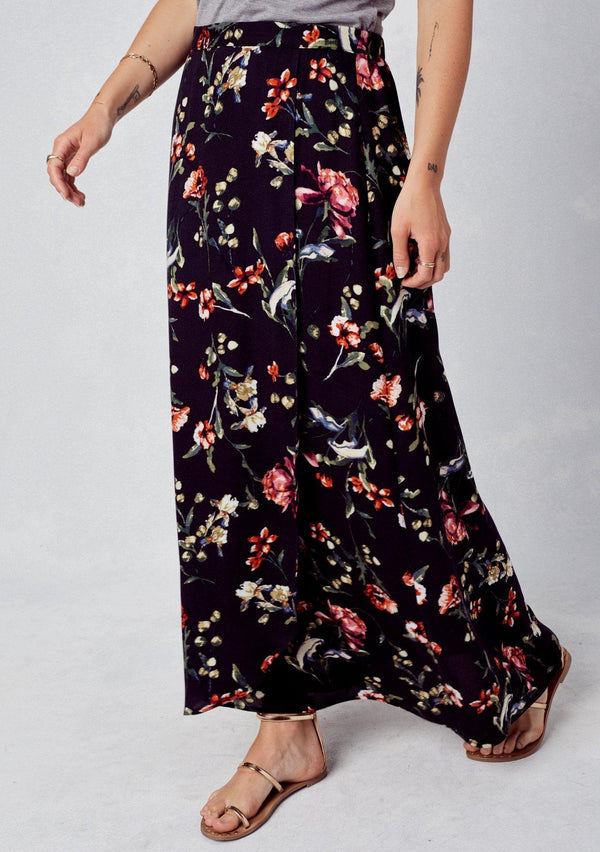 [Color: Midnight Multi] Lovestitch floral printed, retro wrap maxi skirt with side tie detail.