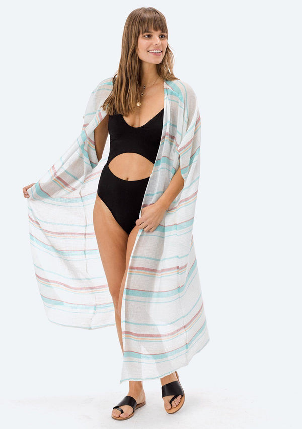 [Color: Multi Stripe] Lovestitch sheer cotton, long, open, striped kimono.