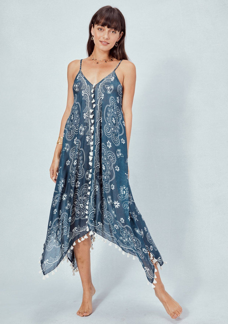 [Color: Teal/OffWhite] Lovestitch teal paisley printed, sheer cotton dress