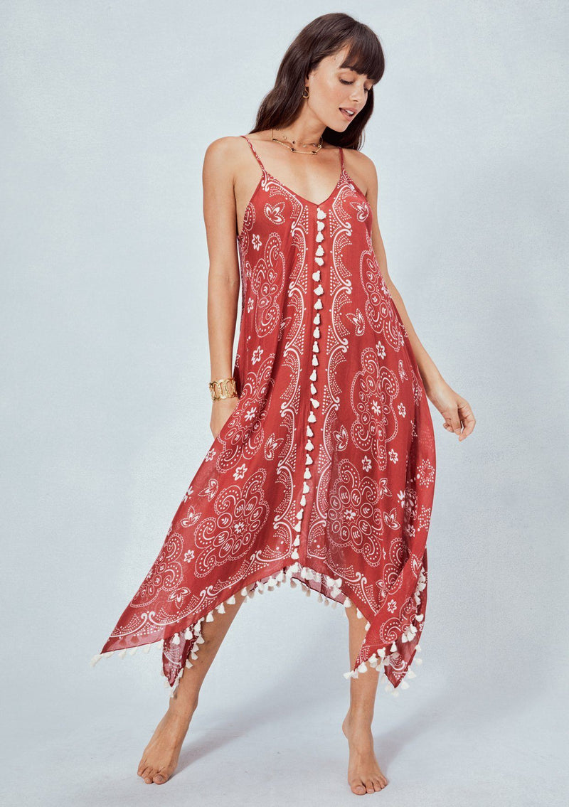 [Color: Red/OffWhite] Lovestitch red paisley printed, sheer cotton dress