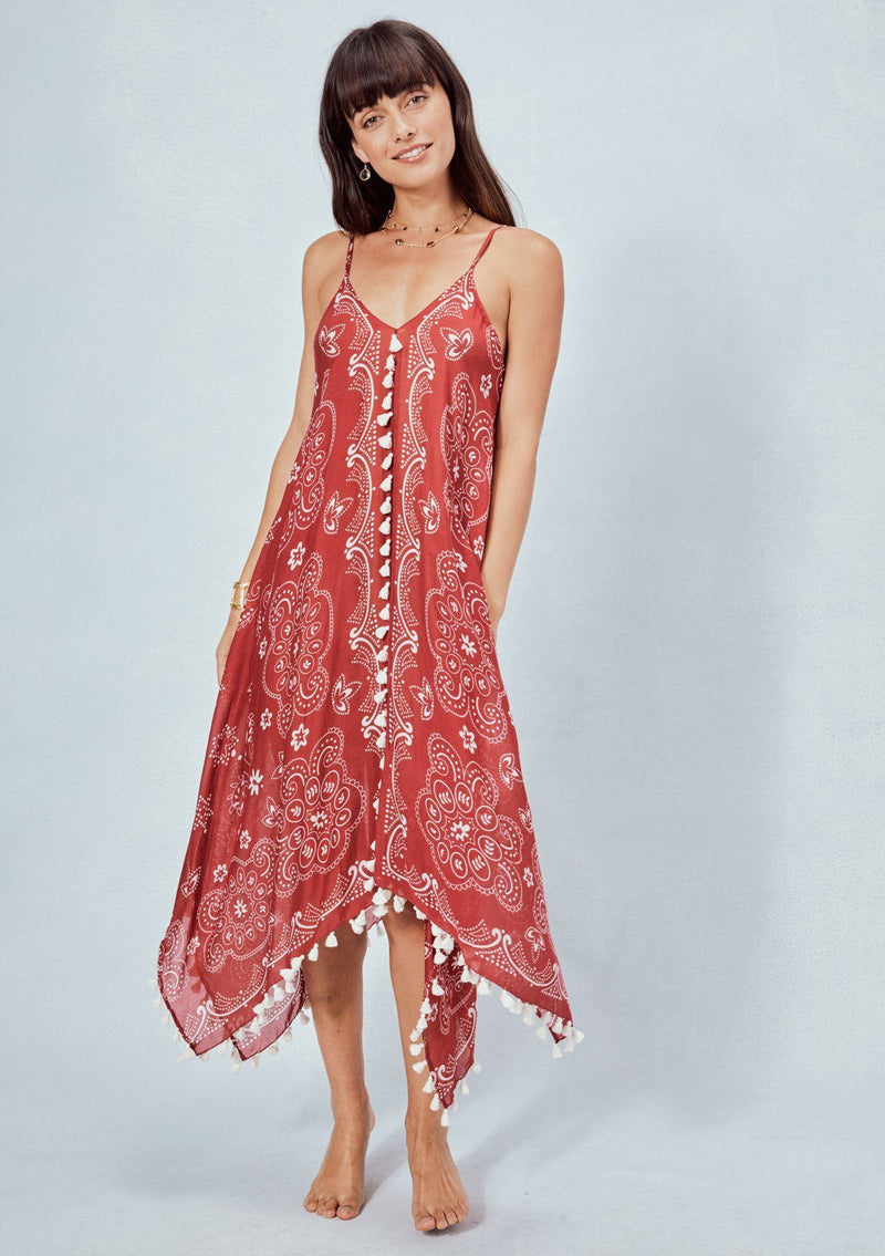 [Color: Red/OffWhite] Lovestitch red paisley printed, sheer cotton dress