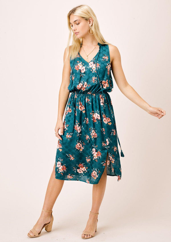 [Color: Teal/Rose] Lovestitch teal/rose watercolor rose printed, sleeveless midi dress with ruffle neck. 