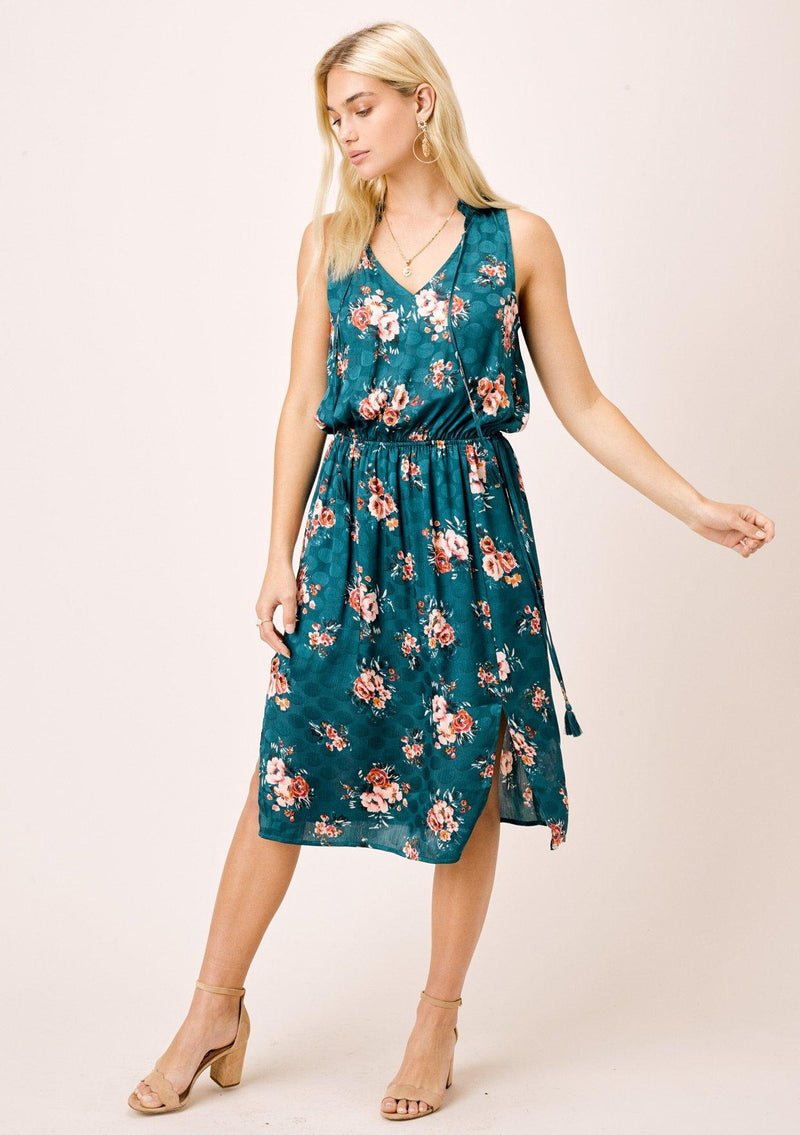 [Color: Teal/Rose] Lovestitch teal/rose watercolor rose printed, sleeveless midi dress with ruffle neck. 