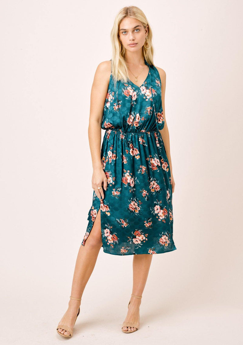 [Color: Teal/Rose] Lovestitch teal/rose watercolor rose printed, sleeveless midi dress with ruffle neck. 