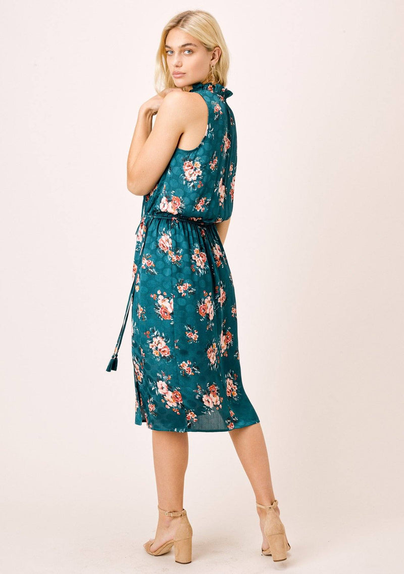 [Color: Teal/Rose] Lovestitch teal/rose watercolor rose printed, sleeveless midi dress with ruffle neck. 