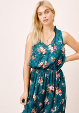 [Color: Teal/Rose] Lovestitch teal/rose watercolor rose printed, sleeveless midi dress with ruffle neck. 