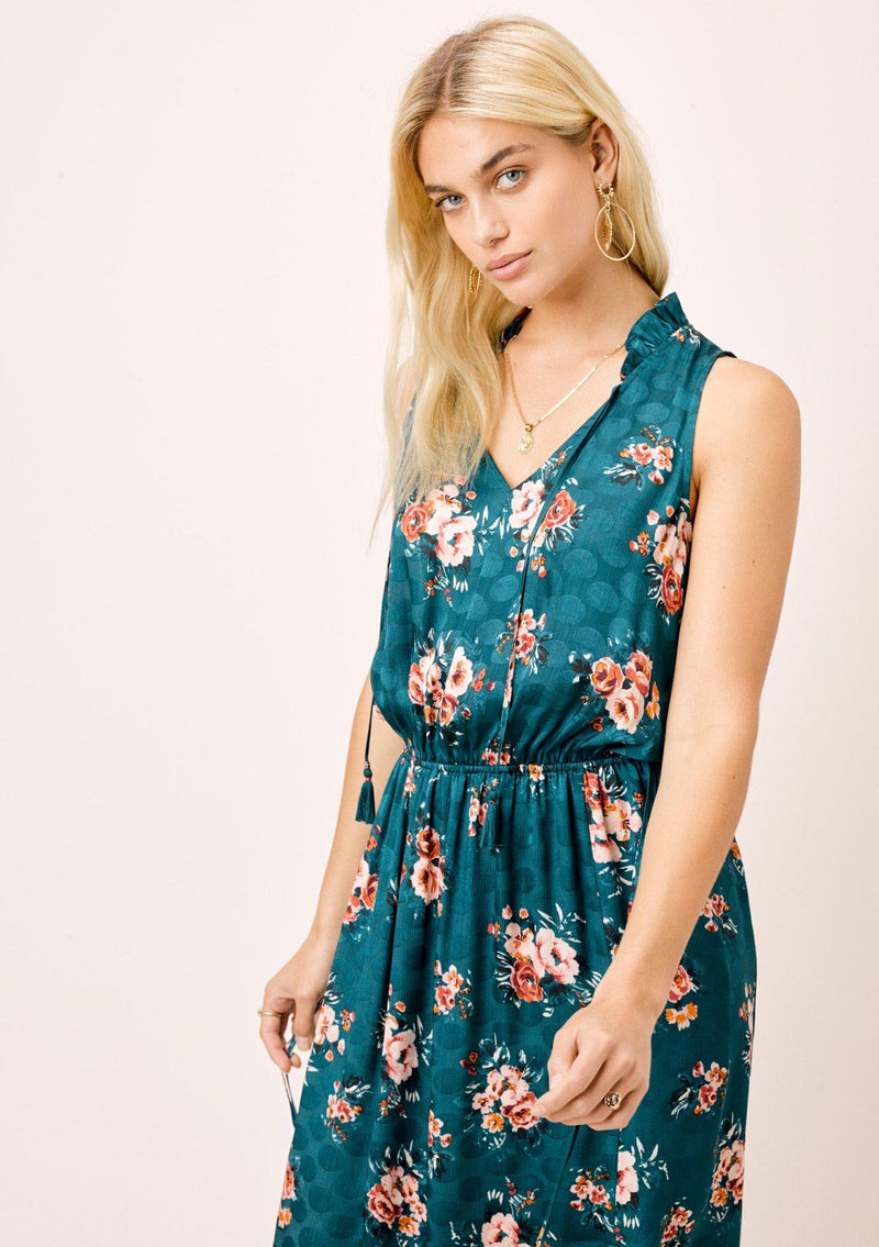 [Color: Teal/Rose] Lovestitch teal/rose watercolor rose printed, sleeveless midi dress with ruffle neck. 