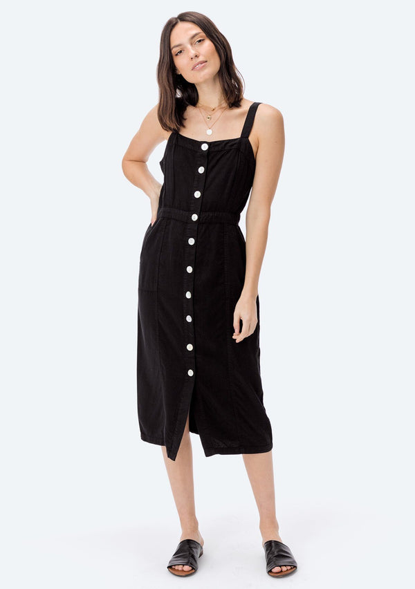 [Color: Black] Lovestitch black, form fitting, sleeveless, buttondown midi dress in super soft tencel.